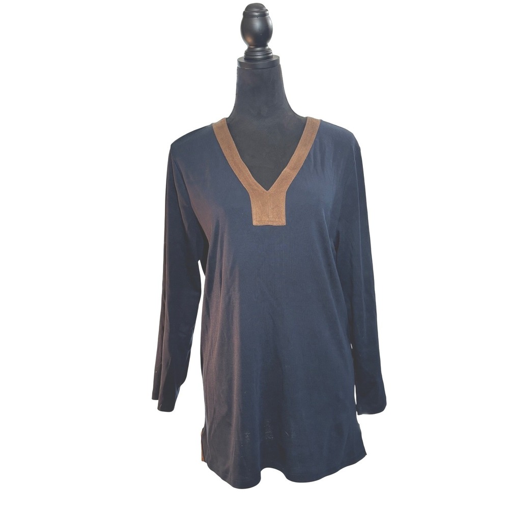 Lauren Ralph Lauren Navy Blue Suede Trim V-Neck Long Sleeve Tunic Top XL - Picture 12 of 12